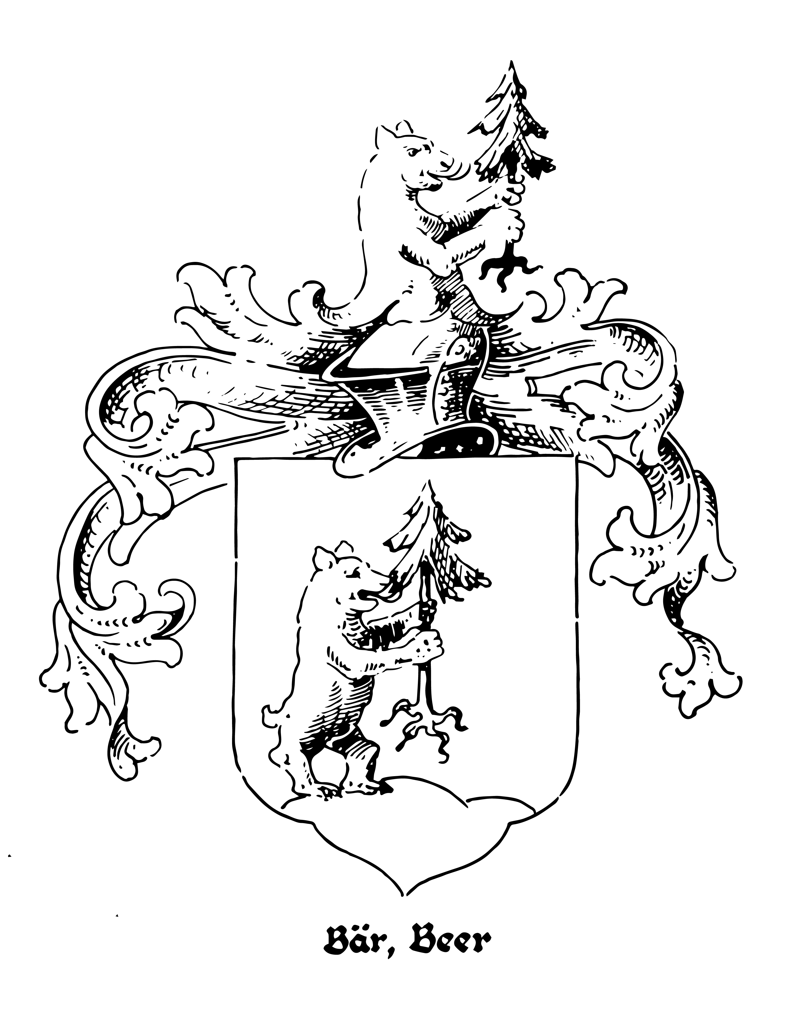 Familienwappen Bär, Beer. Wappenschild: In goldenem Schild auf grünem Dreiberg ein nach links gewandter aufrecht stehender Bär, in den Vorderpranken eine ausgerissene Tanne haltend. Helmzier: Ein Bär wachsend mit Tanne nach links streckend. Helmdecke: rechts schwarz und gold, links grün und gold.